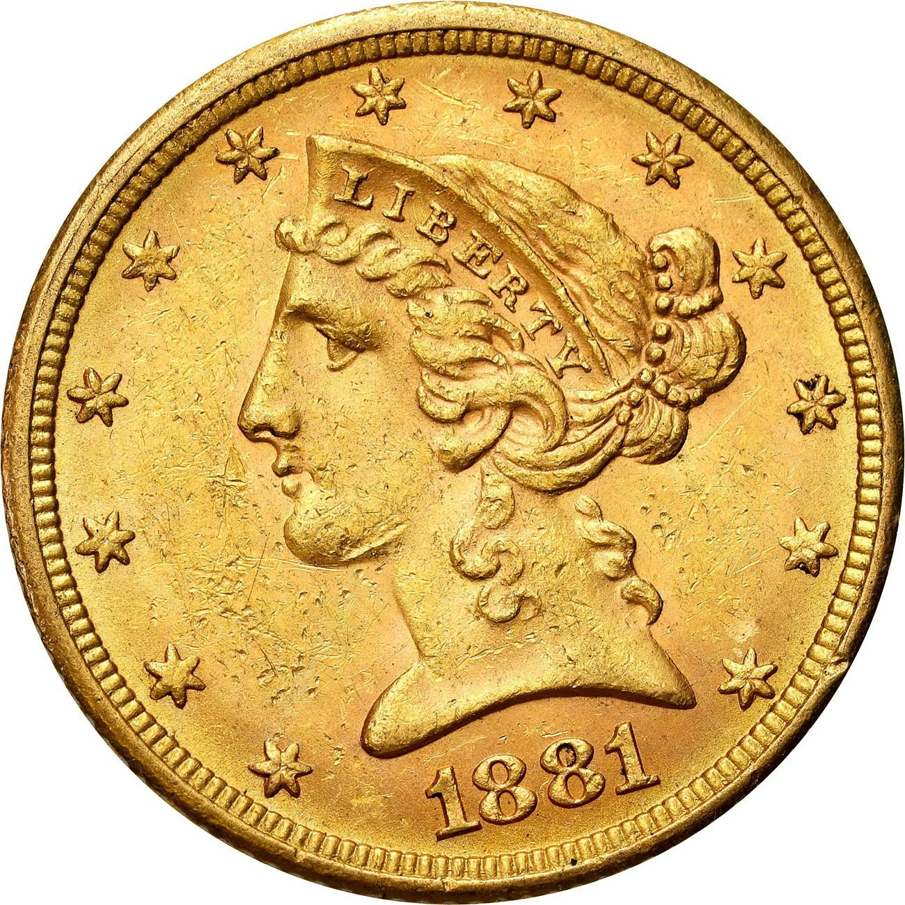 USA. Złote 5 dolarów Liberty 1881 Filadelfia